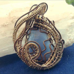 💖 Blue Lace Agate Wire Wrapped Pendant Necklace
